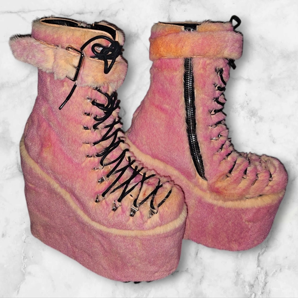 Dolls Kill Pink / Orange Fur Traitor Platform Boots